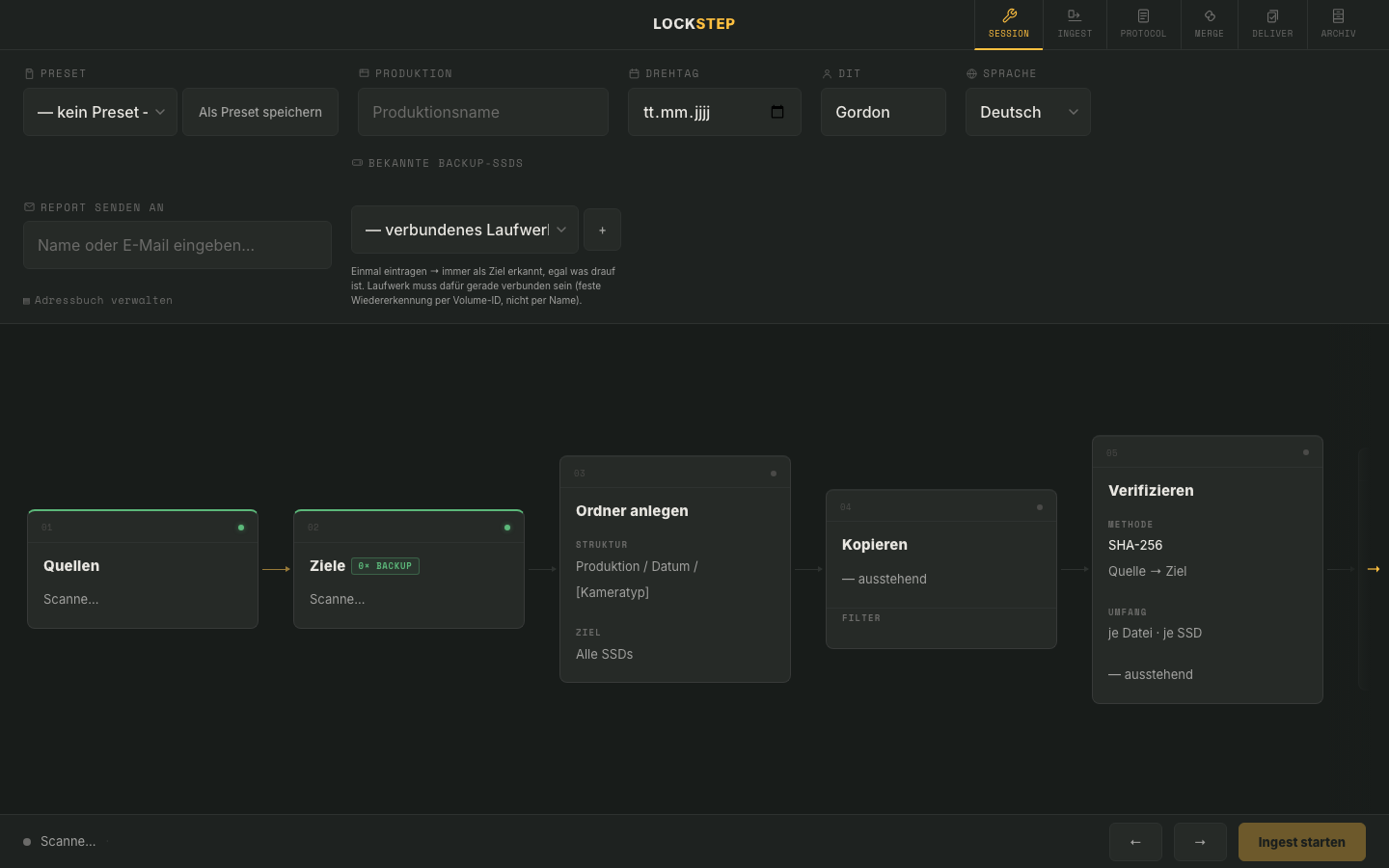 LOCKSTEP Session-Ansicht mit Node-Pipeline: Quellen, Ziele, Ordner anlegen, Kopieren, Verifizieren